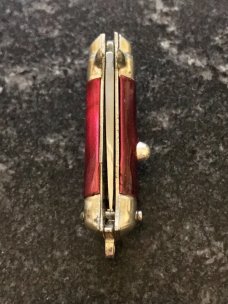 Farfalli Vintage Miniature Switchblade Knife Keychain, Bambi Model, Red Swirl Handle, Used 