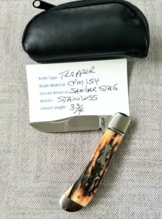 Bobby Toole Honknose Trapper Sambar Stag Knife,New, CPM-154 ,3.75". coa & pouch..Integral..dome pins