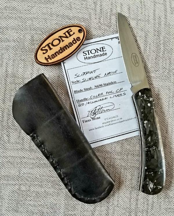 Tinus Stone Slimline Native Silver Foil Carbon Fiber, liners and N690,4" .. South Africa Tinus Stone Slimline Native Silver Foil Carbon Fiber, liners and N690,4" .. South Africa