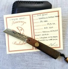 Vincenzo Balistreri Brown micarta White Wolf,3.5" .Damascus..lanyard pin..bead..filework..Cap shield