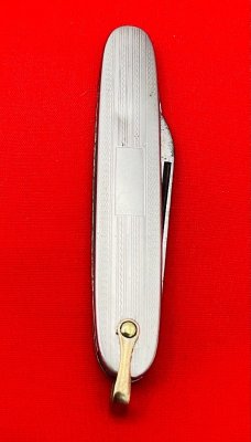 Vintage COLONIAL PROV RI Embossed Silver Tone Shadow Pen Folding Pocket Knife w/Bail