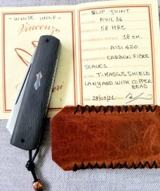 Vincenzo Balistreri Fools Space Coral fat CF White Wolf slipjoint,4" cl..rwl34. .lanyard pin & bead