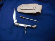 Large FOLDING KNIFE.  POCKET KNIFE with cork screw & WITH CASE. Nice File work on back