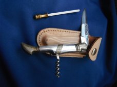 Large FOLDING KNIFE.  POCKET KNIFE with cork screw & WITH CASE. Nice File work on back