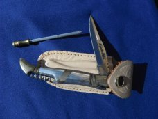 Large FOLDING KNIFE.  POCKET KNIFE with cork screw & WITH CASE. Nice File work on back