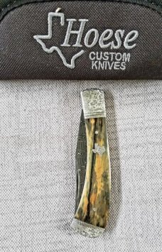 Brian Hoese Trapper..Mammoth And Damascus. 4.5" ...Hand tooled bolsters, shield,end caps and pins