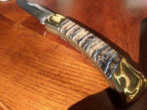 Custom Buck 110 knife with gorgeous Mammoth Tooth *Unused / Mint / One owner