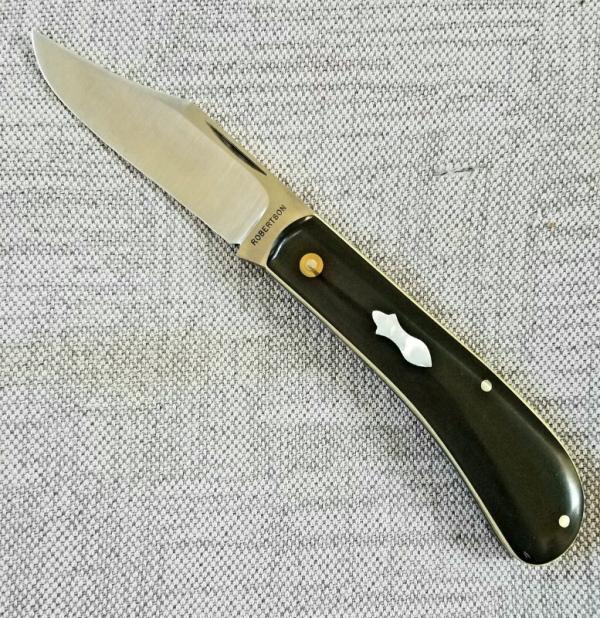 Tim Robertson Shadow Trapper..4" closed..Cpm154..Black Linen micarta.. white G10 liners..MOP Shield Tim Robertson Shadow Trapper..4" closed..Cpm154..Black Linen micarta.. white G10 liners..MOP Shield