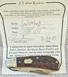 J.Taber Jigged Bone Wombat, 3 5/8"..Cpm154..his signature pattern..coa..pouch..cards..8/21/2021 DOB 