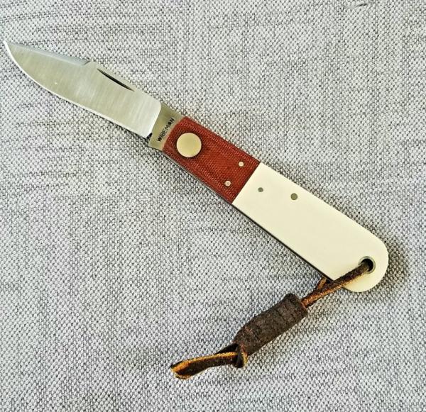 Gene Wiseman Large Clip Barlow..4.25".D2..Lanyard tube..Ivory and Natural Micarta with liners Gene Wiseman Large Clip Barlow..4.25".D2..Lanyard tube..Ivory and Natural Micarta with liners