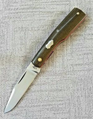 Ricky Bob Menefee Gunstock Clip..4" closed..OD Green micarta and red G10 liners..Cpm154,slip...pouch