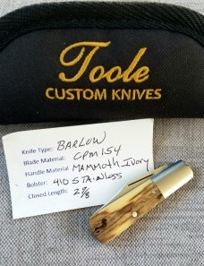 Bobby Toole Mammoth ivory Mini Clip Barlow Knife,New, CPM-154 ,2 7/8" ,Steel Bolsters..coa & pouch