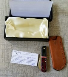 Mhara Custom Sheepsfoot Barlow Knife,N690,3.5"NEW W/ slip & coa& box,Micarta, filework ss&bronze 