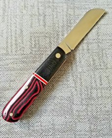 Mhara Custom Sheepsfoot Barlow Knife,N690,3.5"NEW W/ slip & coa& box,Micarta, filework ss&bronze 