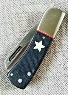 K'roo Custom Chunky  Frank Knife, 3.75 Dark Denim micarta..ivory micarta STAR shield..N690..2020