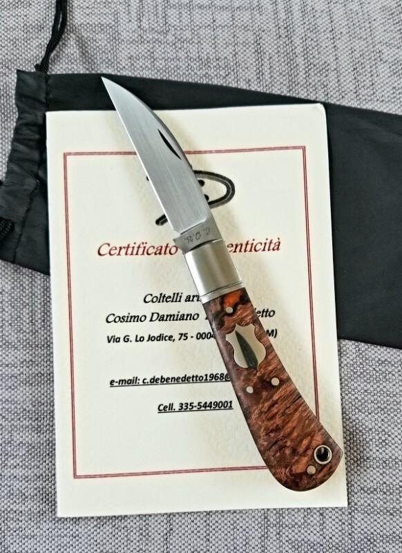 Cosimo De Benedetto Custom Sway Back Knife, Maple,NEW,W/coa, 4", RWL 34,4 pins& Lanyard tube