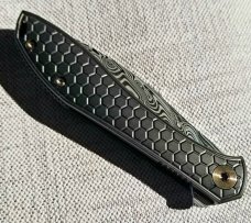 Jerry Moen Mongoose Wharncliffe Loki damasteel,carbon fiber over titaninium,copper accents,Flipper