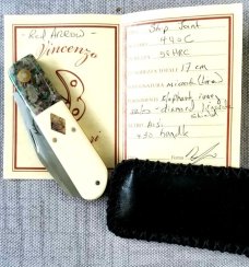 Vincenzo Balistreri Custom Red Arrow, 4" clsd, elephant ivory scales, Liracarta bolsters & shield
