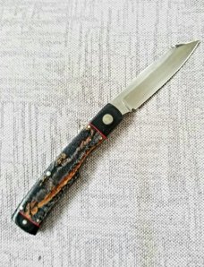 K'roo Custom Native Knife, NEW,W/ slip, 4".Blanket Micarta & linen ..red accents..rwl34. Filework 