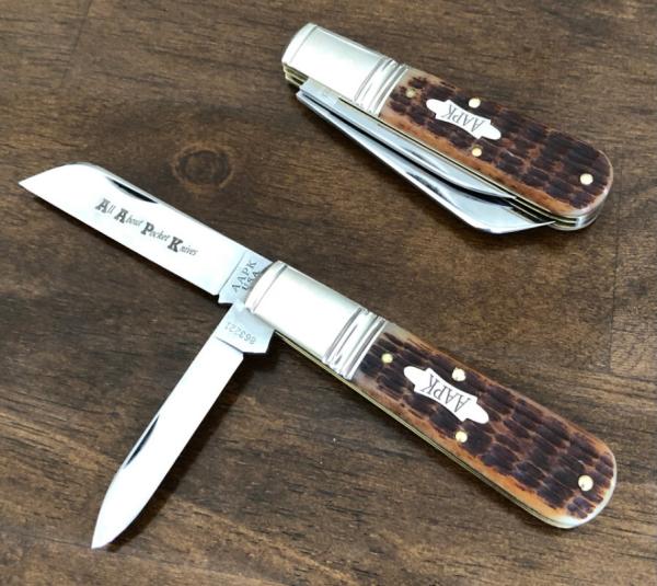 2021 AAPK Club Knife - 3 7/8" Antique Amber Jigged Bone Barlow - 1095 Steel Blades