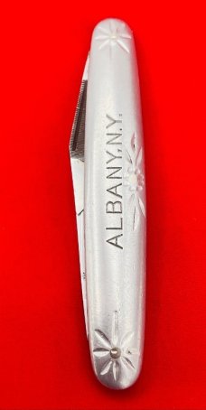Vintage NEW YORK KNIFE CO 2-Blade Etched Aluminum Shadow Pen Folding Pocket Knife c.1882-1931