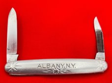 Vintage NEW YORK KNIFE CO 2-Blade Etched Aluminum Shadow Pen Folding Pocket Knife c.1882-1931