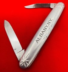Vintage NEW YORK KNIFE CO 2-Blade Etched Aluminum Shadow Pen Folding Pocket Knife c.1882-1931