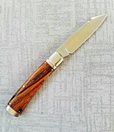 K'roo Custom Native Knife,coa/ slip, 4".Desert Ironwood w/ red accents..fulted..rwl34. Filework 