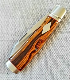 K'roo Custom Native Knife,coa/ slip, 4".Desert Ironwood w/ red accents..fulted..rwl34. Filework 