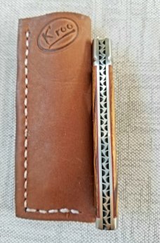 K'roo Custom Native Knife,coa/ slip, 4".Desert Ironwood w/ red accents..fulted..rwl34. Filework 