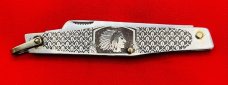 Vintage ARNEX STAINLESS JAPAN 2-Blade Large Pen Pocket Knife Embossed Metal Native AmerIcan Chief
