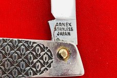 Vintage ARNEX STAINLESS JAPAN 2-Blade Large Pen Pocket Knife Embossed Metal Native AmerIcan Chief