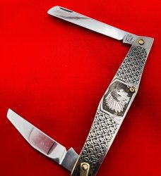 Vintage ARNEX STAINLESS JAPAN 2-Blade Large Pen Pocket Knife Embossed Metal Native AmerIcan Chief