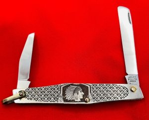 Vintage ARNEX STAINLESS JAPAN 2-Blade Large Pen Pocket Knife Embossed Metal Native AmerIcan Chief