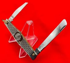 Vintage ARNEX STAINLESS JAPAN 2-Blade Large Pen Pocket Knife Embossed Metal Native AmerIcan Chief