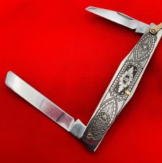 Vintage ARNEX STAINLESS JAPAN 2-Blade Large Pen Pocket Knife Embossed Metal Native AmerIcan Chief