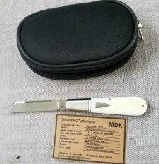 Michael du Plessis Giraffe bone Barlow..3.75".N690.blue liners.spacers..fluted bolsters.coa/pouch 