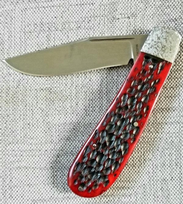 Rusty Preston Jigged bone Trapper.4 3/8" closed...Cpm154..crosshatched bolsters..coa with pouch