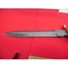 APPROX. 18" CUSTOM MADE DAMASCUS DAGGER UNUSED WITH LEATHER SHEATH WOOD HANDLE COLLECTORS FIND