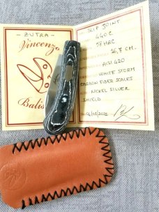 Vincenzo Balistreri Mini Zulu Shadow...3 5/8"..440C and White Storm Fat Carbon Fiber..coa and slip