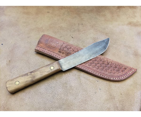 Vintage Queen 6" butcher knife with hand tooled sheath 