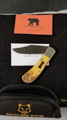 Sacred Bear/Tory Utt Lanny His  Damascus blade,shield and bolsters,Torched Paper Micarta..4" closed