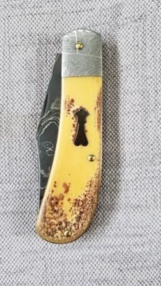 Sacred Bear/Tory Utt Lanny His  Damascus blade,shield and bolsters,Torched Paper Micarta..4" closed