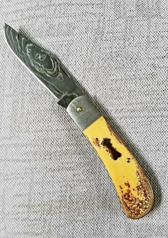 Sacred Bear/Tory Utt Lanny His  Damascus blade,shield and bolsters,Torched Paper Micarta..4" closed