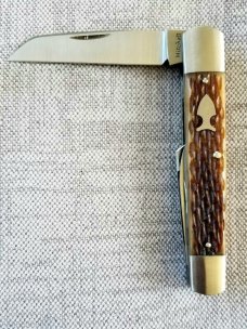 Mitchell Split Back Whittler, 4"+, cpm154,.jigged Caramel Bone..primary,coping and spear blades.