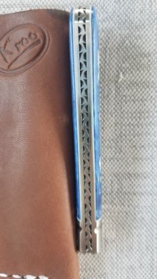 Kroo Blue Kudu Bone Lambsfoot,4" closed, Rwl34,white liners & spacers diamond shield.fileworked 