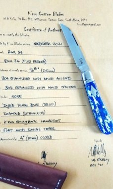 Kroo Blue Kudu Bone Lambsfoot,4" closed, Rwl34,white liners & spacers diamond shield.fileworked 
