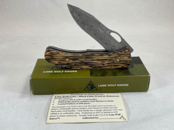 LONE WOLF KNIVES LC22550-PLN Double Action Lobo Damascus Black Palm Wood Liner Lock MINT IN BOX LONE WOLF KNIVES LC22550-PLN Double Action Lobo Damascus Black Palm Wood Liner Lock MINT IN BOX