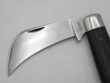 Queen Steel Hawk Bill Pruner #1:, 4 1/8” closed, 1958 - 1960, stainless steel blade with Q STEEL