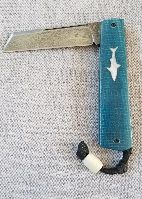 Vincenzo Balistreri Blue Burlap Micarta White Wolf,3.5" .Damascus..lanyard pin..bead..filework 